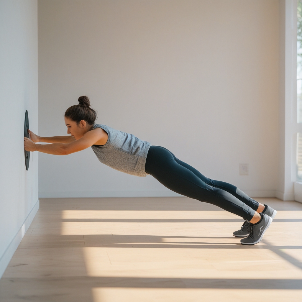Person doing a slow, controlled bodyweight exercise such as a gentle wall push-up in a bright, clean indoor space with natural light and visible wooden flooring